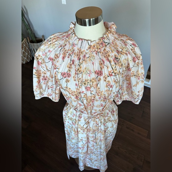 J. Crew Smocked Neck Puff-Sleeve Cotton Dress Pink Peach Cherry Blossoms LG NWT - Picture 3 of 14